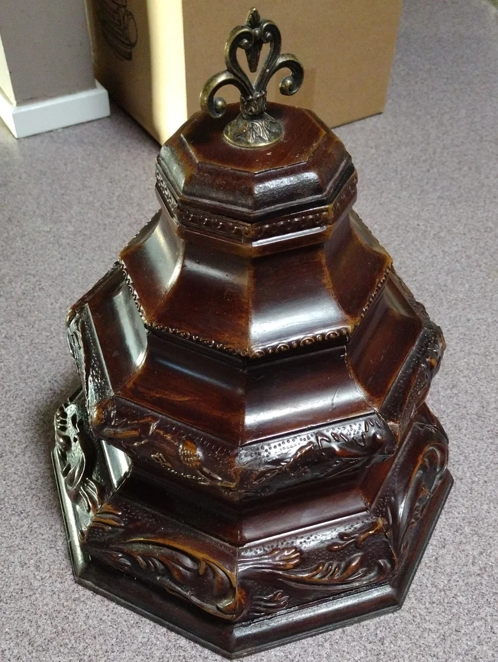 RARE Vintage Ornate Brown Decorative Wood Carved Accent Stash Box Brass Finial